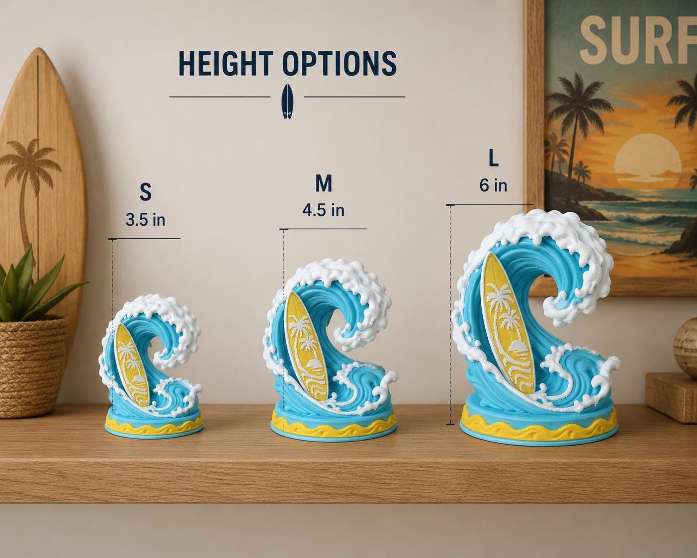 3d Printed Surfing Wave Decor with Surfboard, Coastal Beach Shelf Art, Ocean Lover Gift, Hawaiian Home Decor, Surfer Desk Decoration