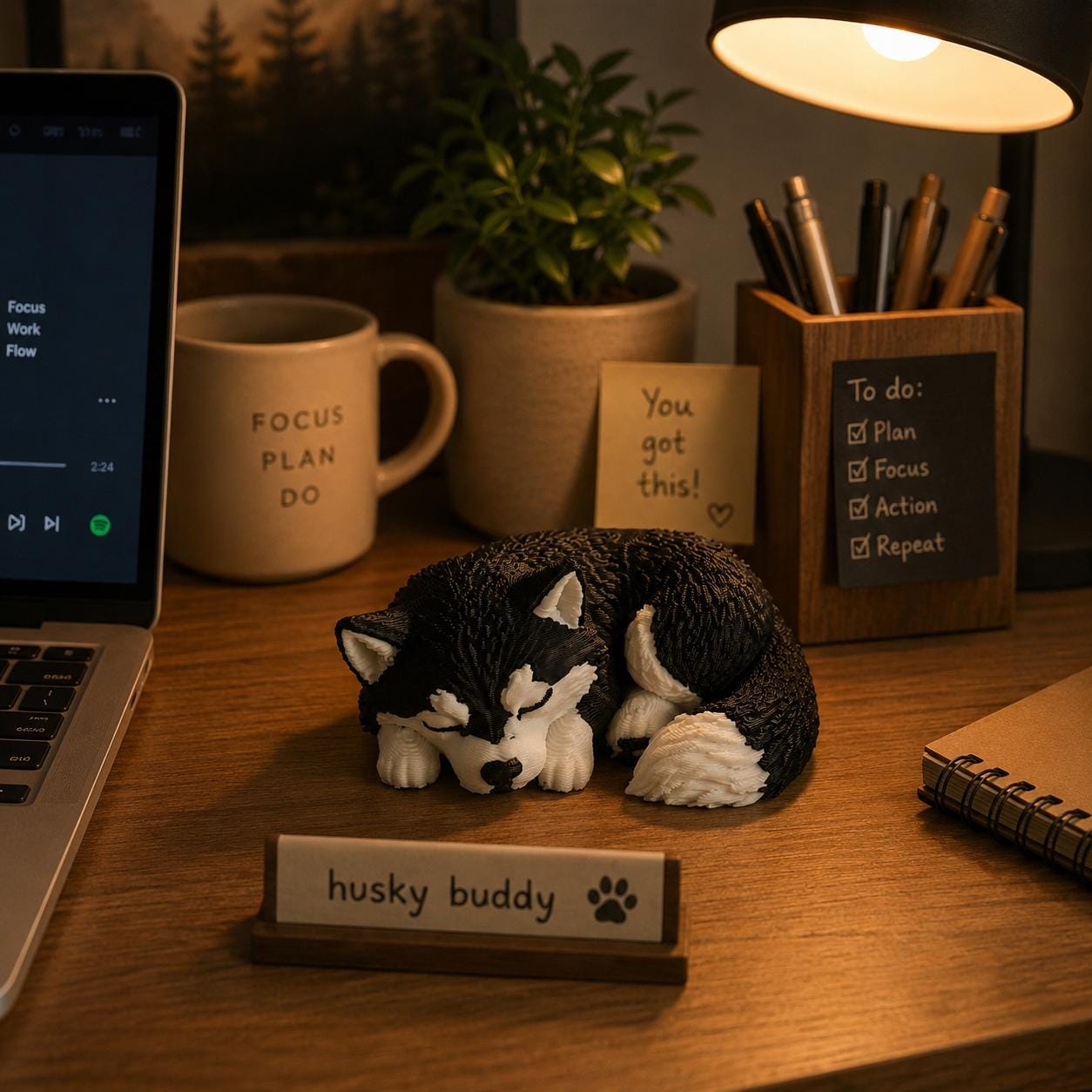 Sleeping Husky Figurine – 3D Printed Dog Desk Decor, Cozy Shelf Accent