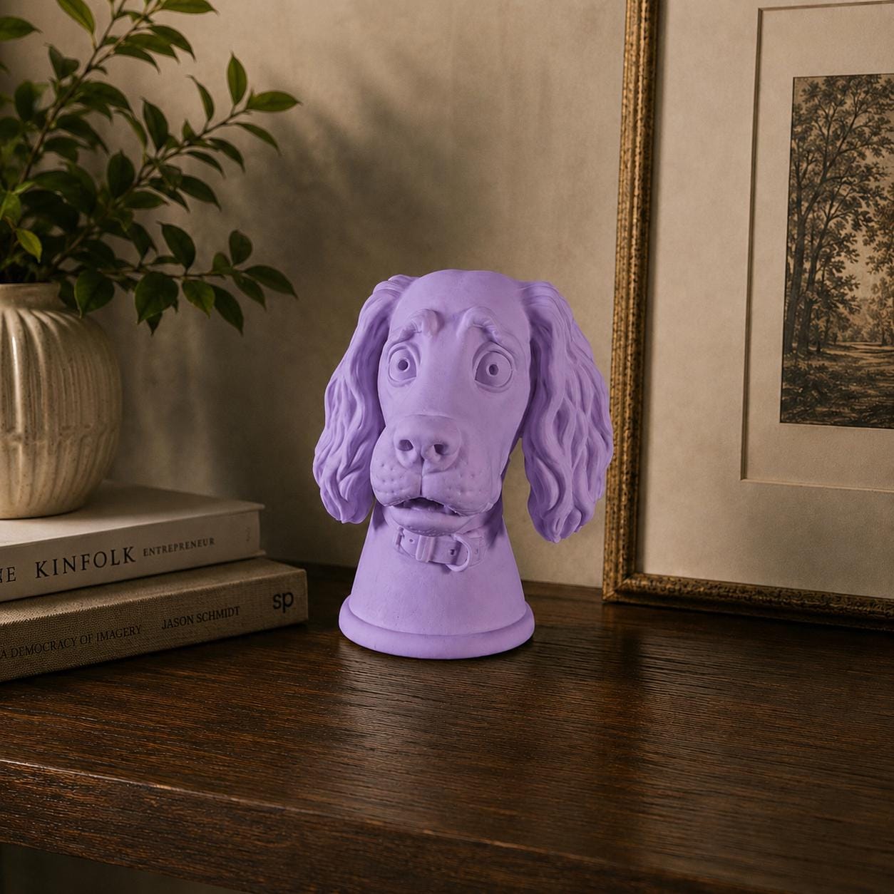 3D Printed Spaniel Dog Bust Sculpture, Expressive Eyes, Playful Character Shelf Decor