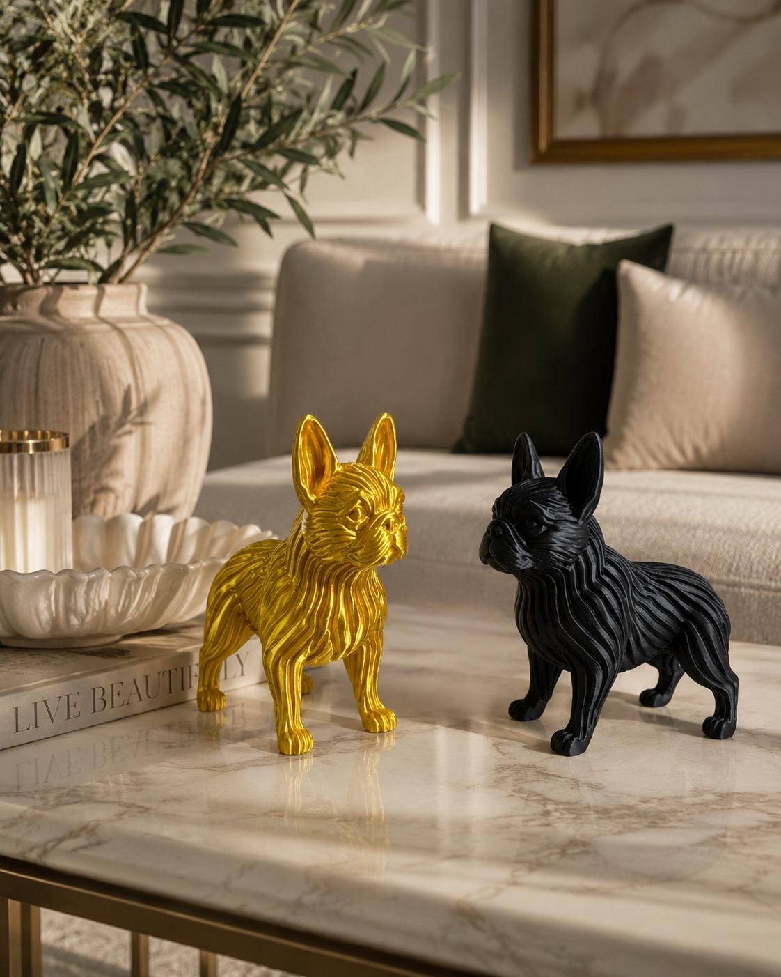3D Printed French Bulldog Figurine, Modern Dog Statue, Desk Decor, Gold Black