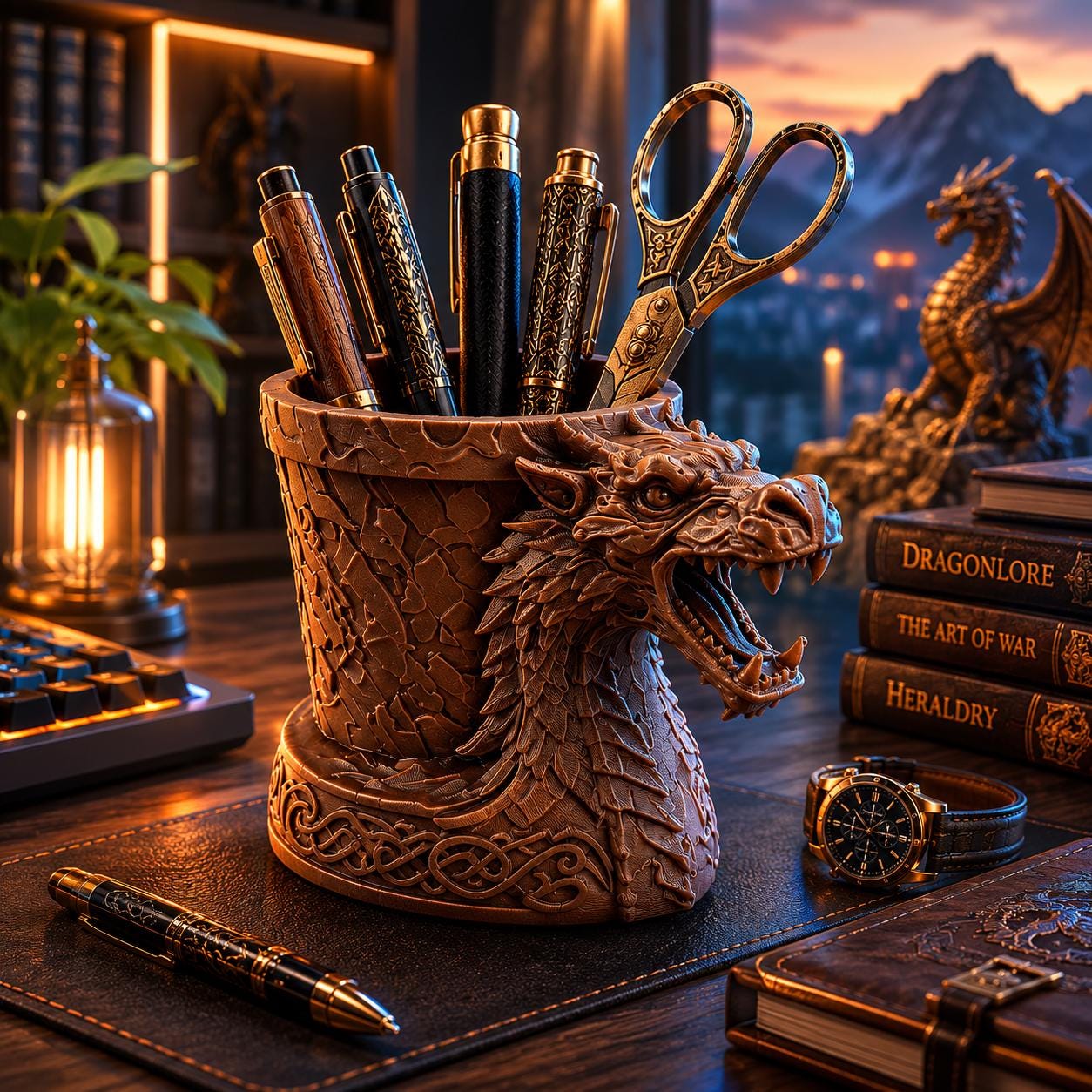 Dragon Desk Organizer, 3d printed Fantasy Pen Holder, Medieval Viking Office Decor