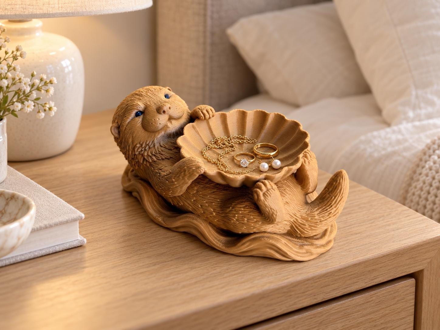 Otter Jewelry Tray with Shell Bowl, Cute 3d Printed Ring Dish, Entryway Key Holder, Coastal Decor, Otter Lover Gift