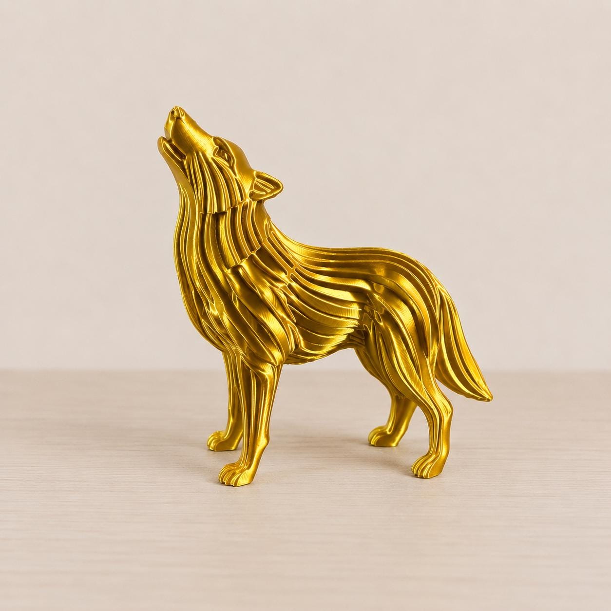 Howling Wolf Figurine, Metallic Gold 3D Printed Sculpture, Modern Wildlife Decor