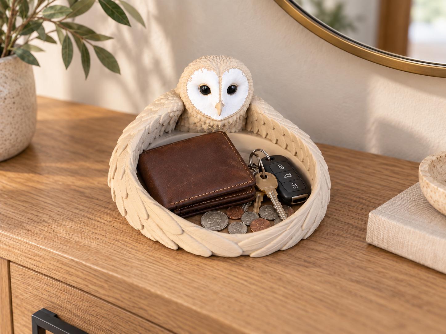 Barn Owl Catchall Tray, 3D Printed Key Bowl & Jewelry Organizer, Woodland Home Decor, Owl Lover Gift