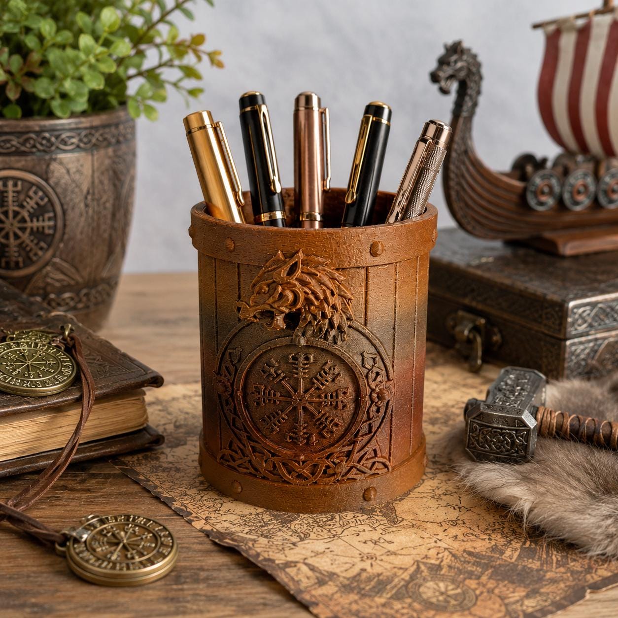 Viking Wolf Pen Holder, Norse Mythology Desk Organizer, 3D Printed Fantasy Decor