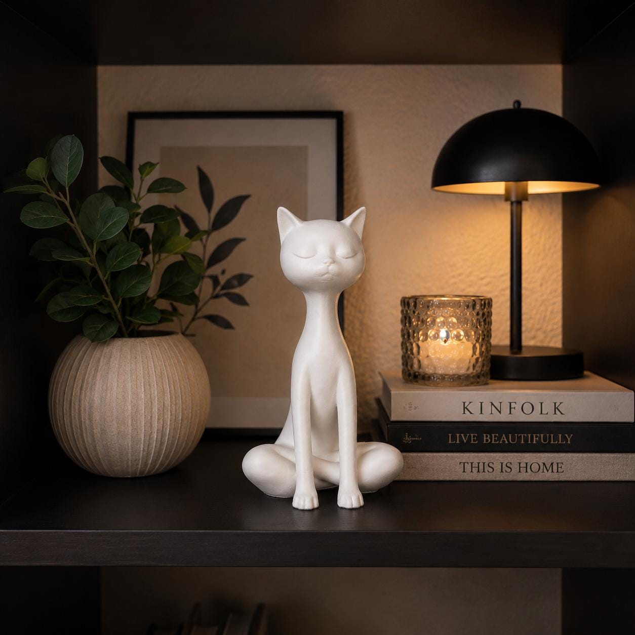 Zen Cat Statue, Minimalist Meditation Sculpture, Modern Shelf Decor