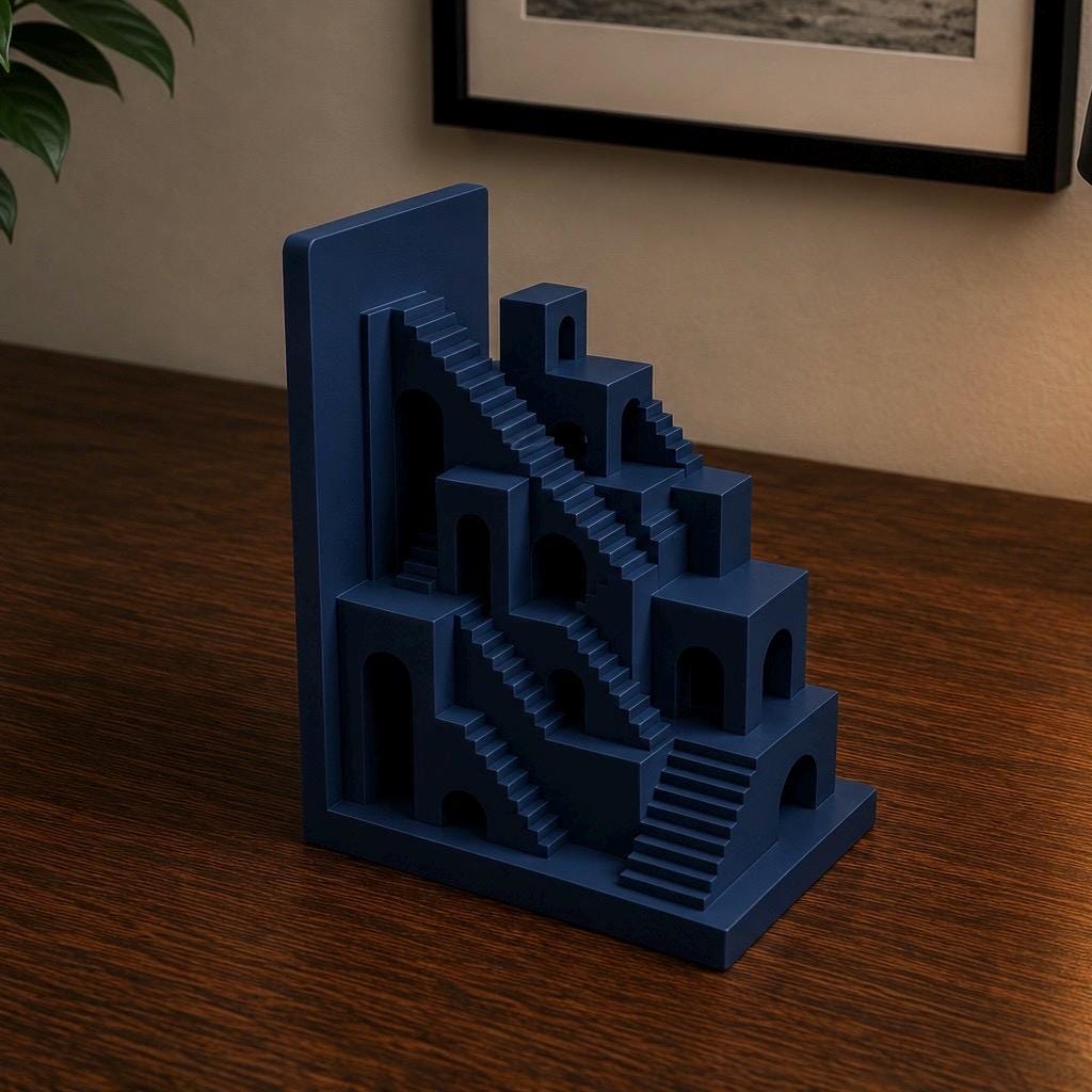 Surreal Staircase Bookend, Architectural Book Holder, Modern Geometric Shelf Decor, Unique Gift for Book Lovers, 3D Printed Bookend