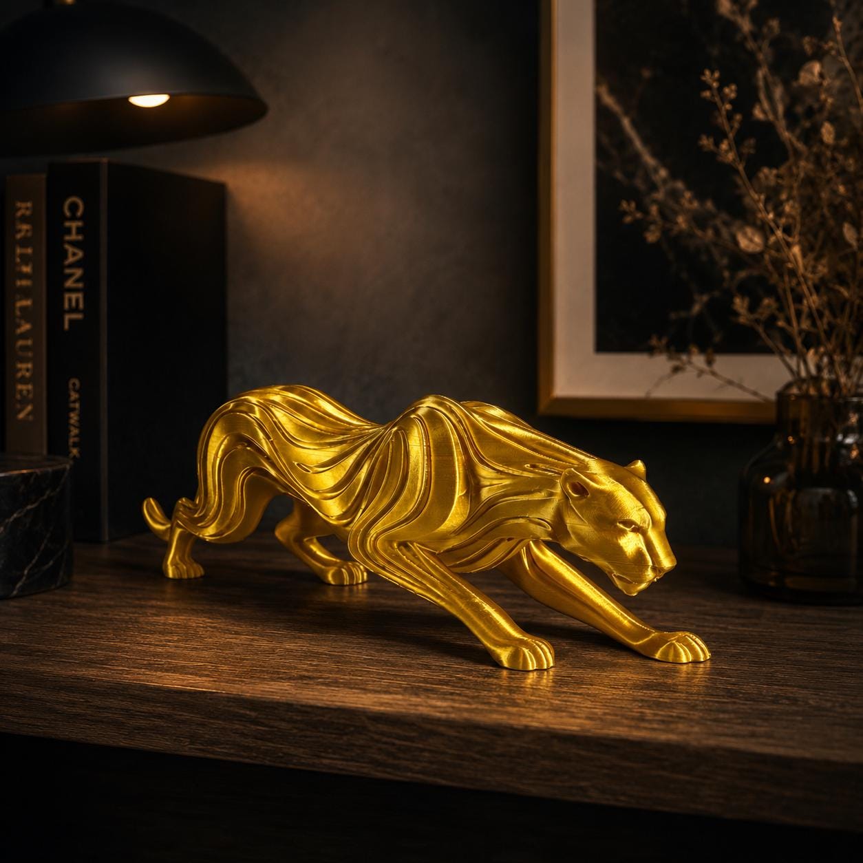Matte Black Panther Sculpture, Modern Stalking Big Cat Statue, 3D Printed Decor