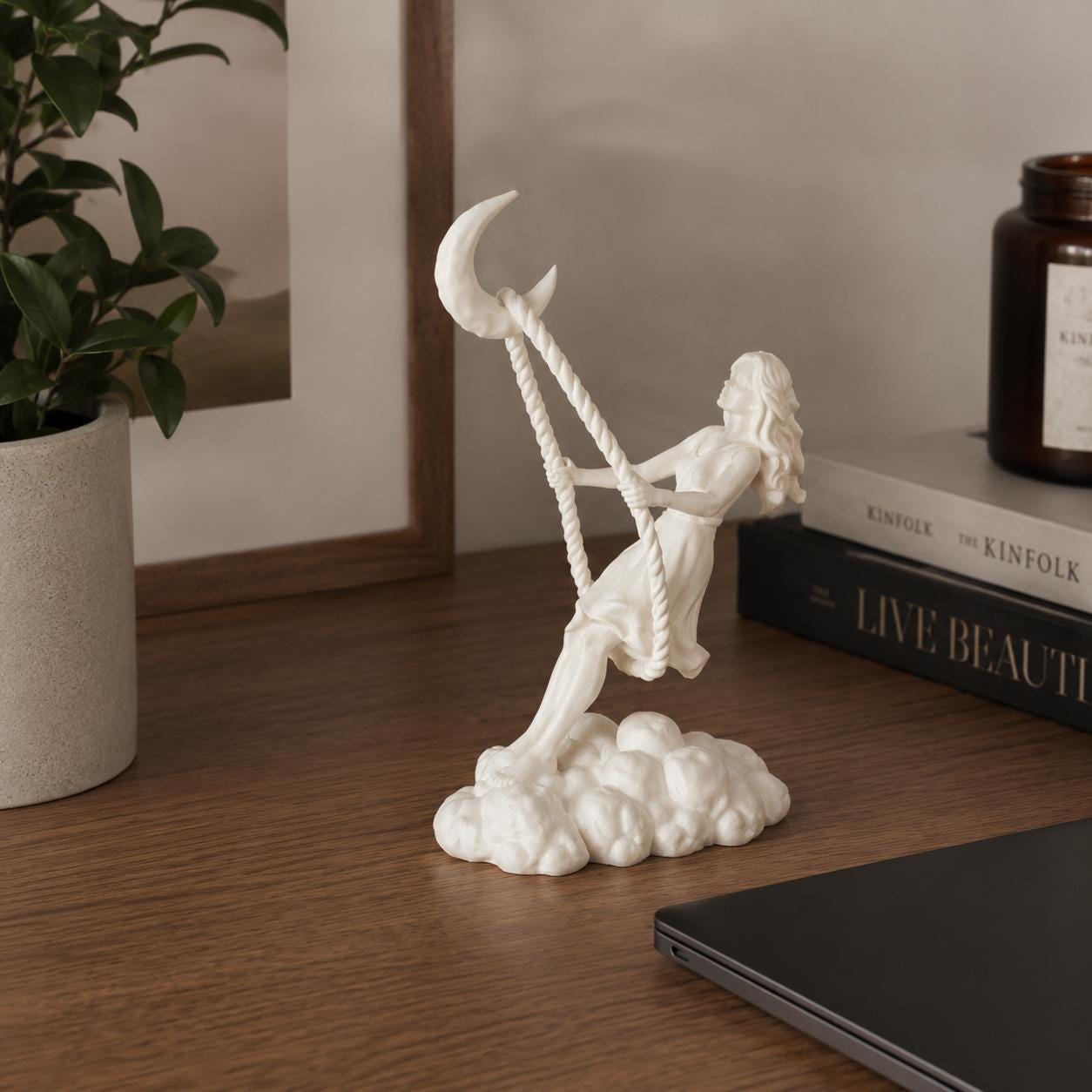 Moon Swing Girl Figurine, Celestial Moon Decor, Crescent Moon Statue, 3D Printed Shelf Decor, Fantasy Home Decor, Gift for Her