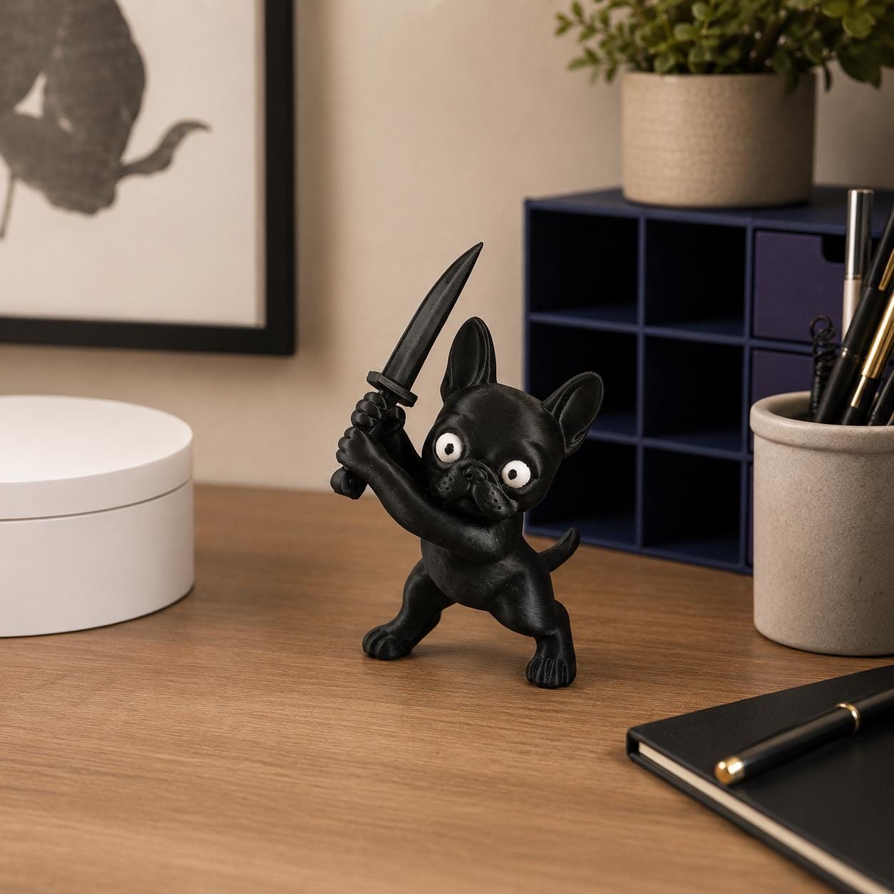 Cute French Bulldog with Knife Figurine, Funny Dog Statue, Black Frenchie Decor, Gothic Desk Decor, Office Shelf Decoration, Gift for Dog Lo