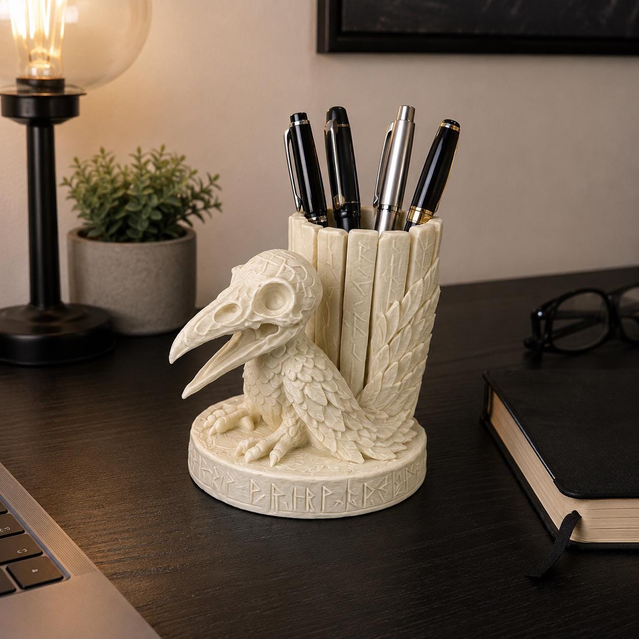 Raven Skull Pen Holder, Gothic Desk Organizer, Viking Rune Pencil Cup, Crow Skeleton Office Decor