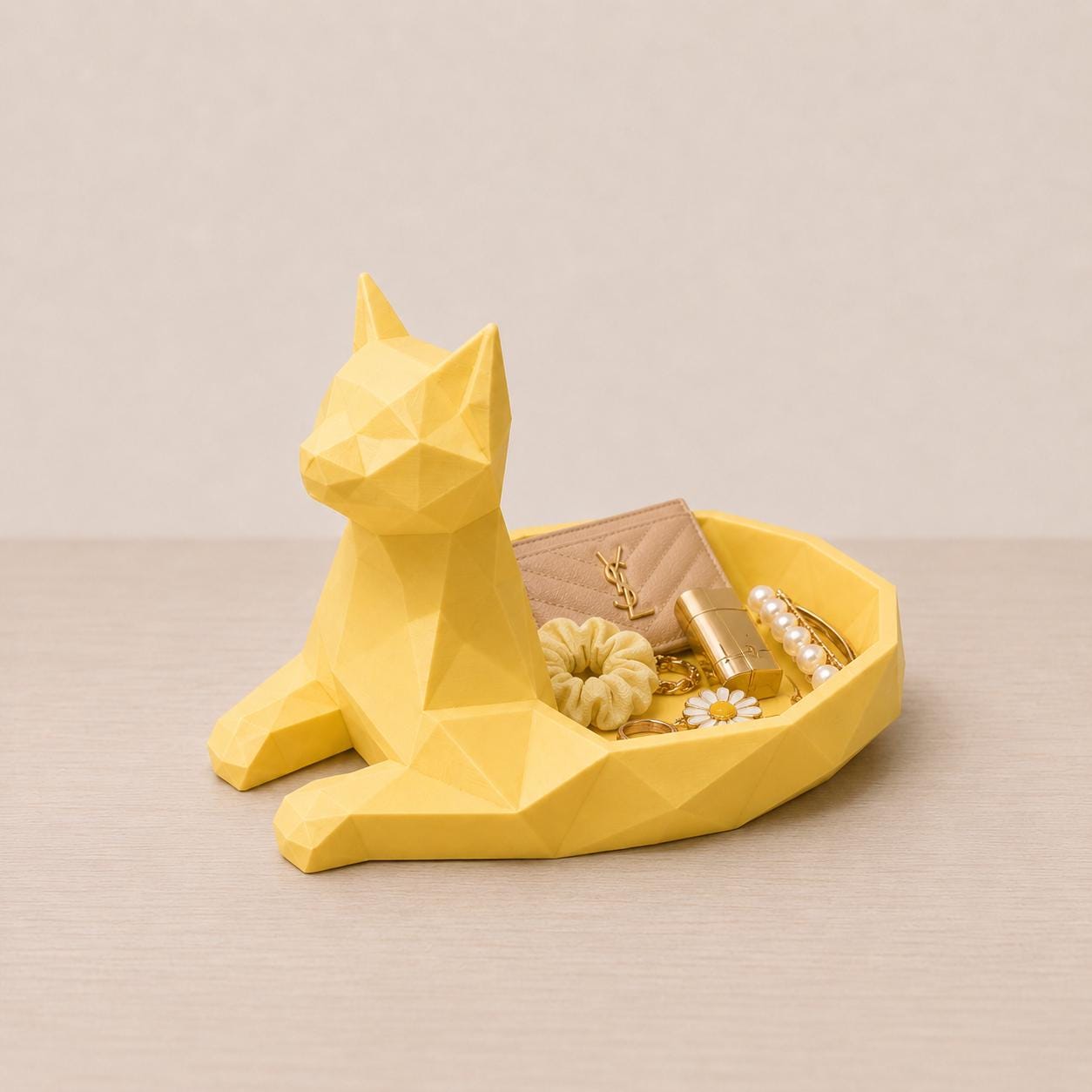 Geometric Low-Poly Cat Jewelry Dish, 3D Printed Trinket Tray, Modern Decor