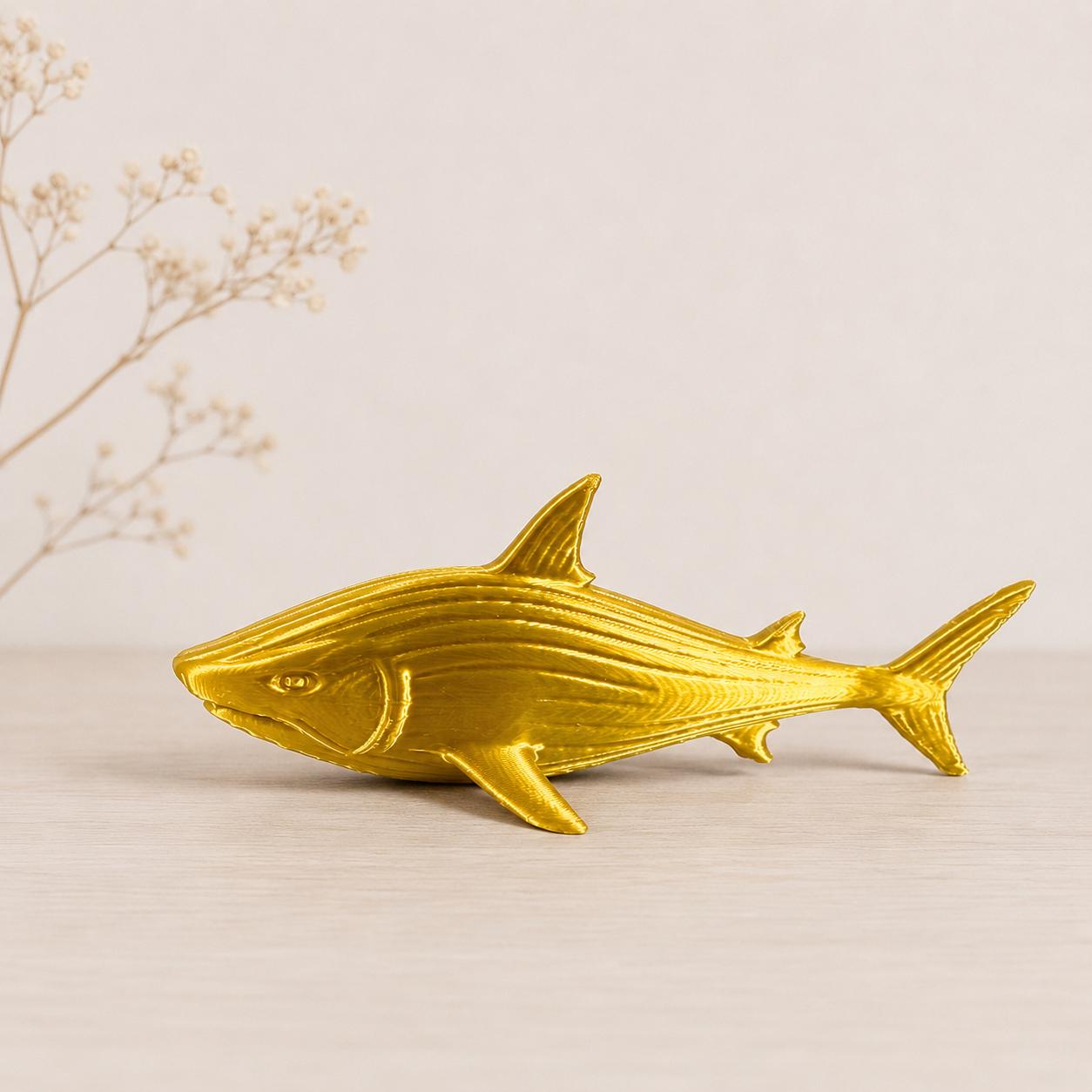 Golden Shark Figurine, 3D Printed Sculpture, Metallic Finish, Coastal Shelf Decor