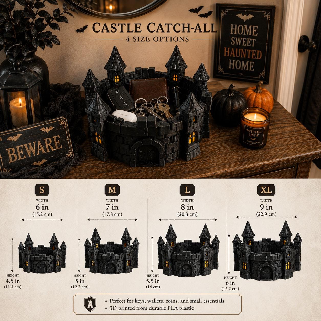 3D Printed Gothic Castle Catch-All Tray, Halloween Candy Bowl, Spooky Key & Wallet Organizer, Haunted Castle Desk Decor, Halloween Decor