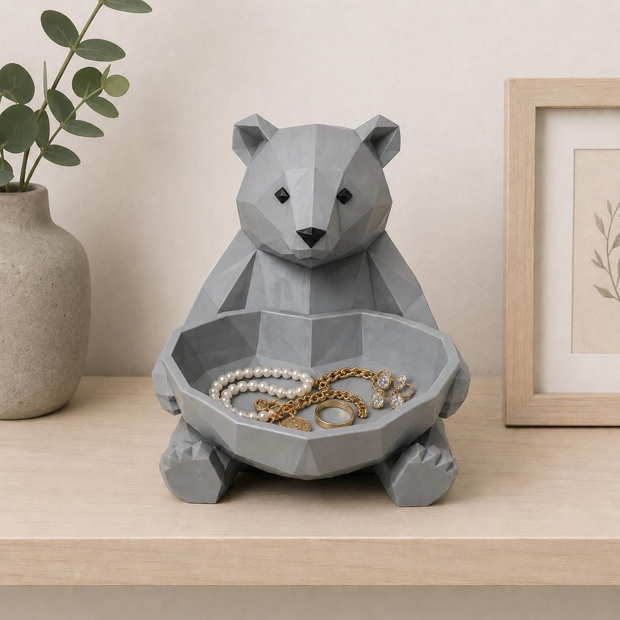Low Poly Bear Jewelry Dish, Cute Bear Catchall Tray, 3D Printed Bear Bowl Organizer, Entryway Key Holder, Modern Animal Desk Decor