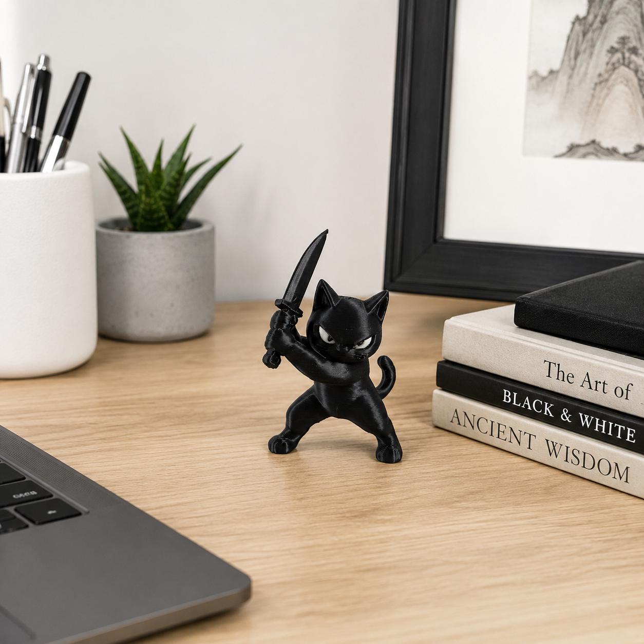 Black Ninja Cat Figurine, Cute Samurai Cat Statue, Kawaii Cat Decor, Mini Desk Companion, Gamer Gift, Ninja Cat Collectible, 3D Printed Gift