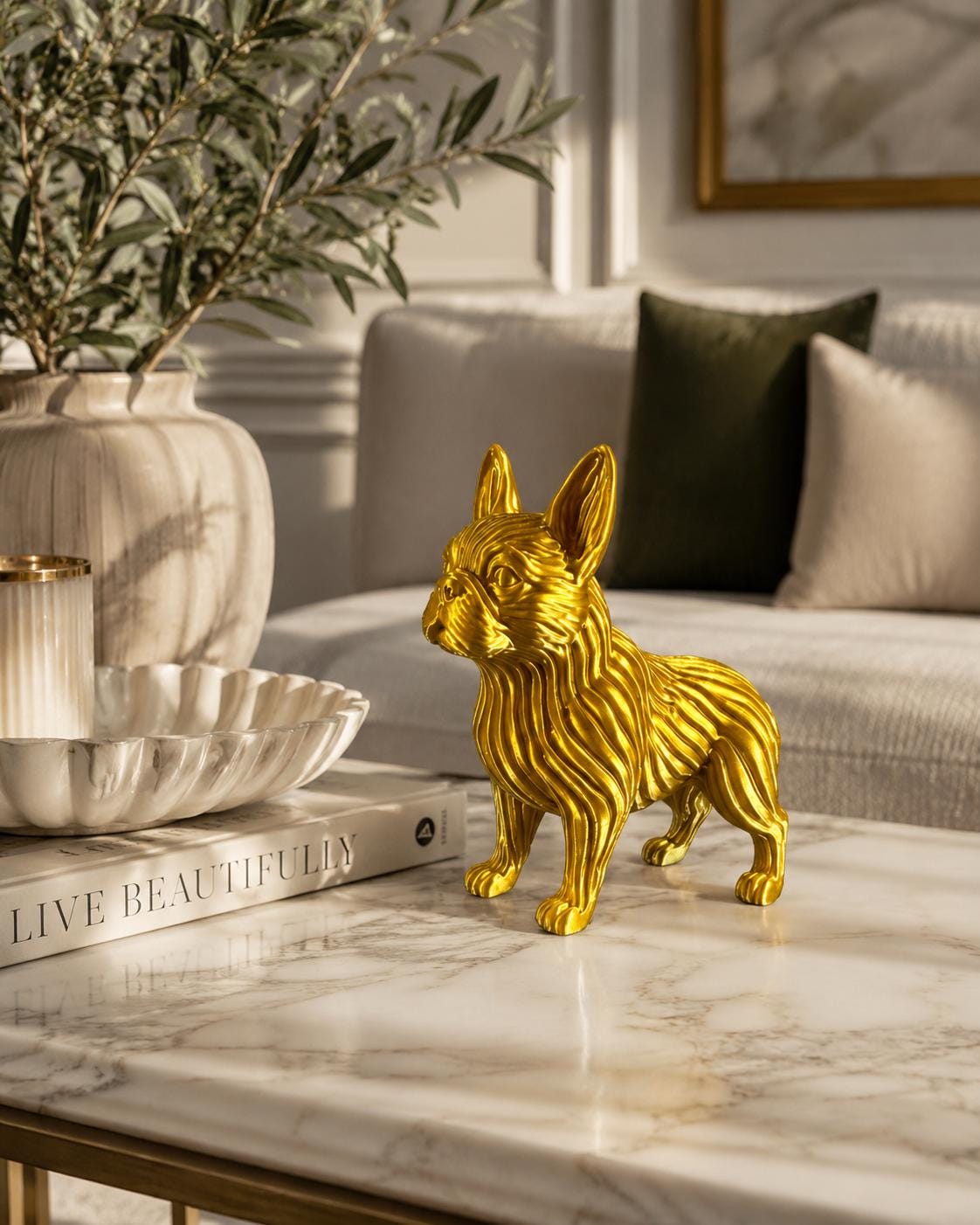 3D Printed French Bulldog Figurine, Modern Dog Statue, Desk Decor, Gold Black