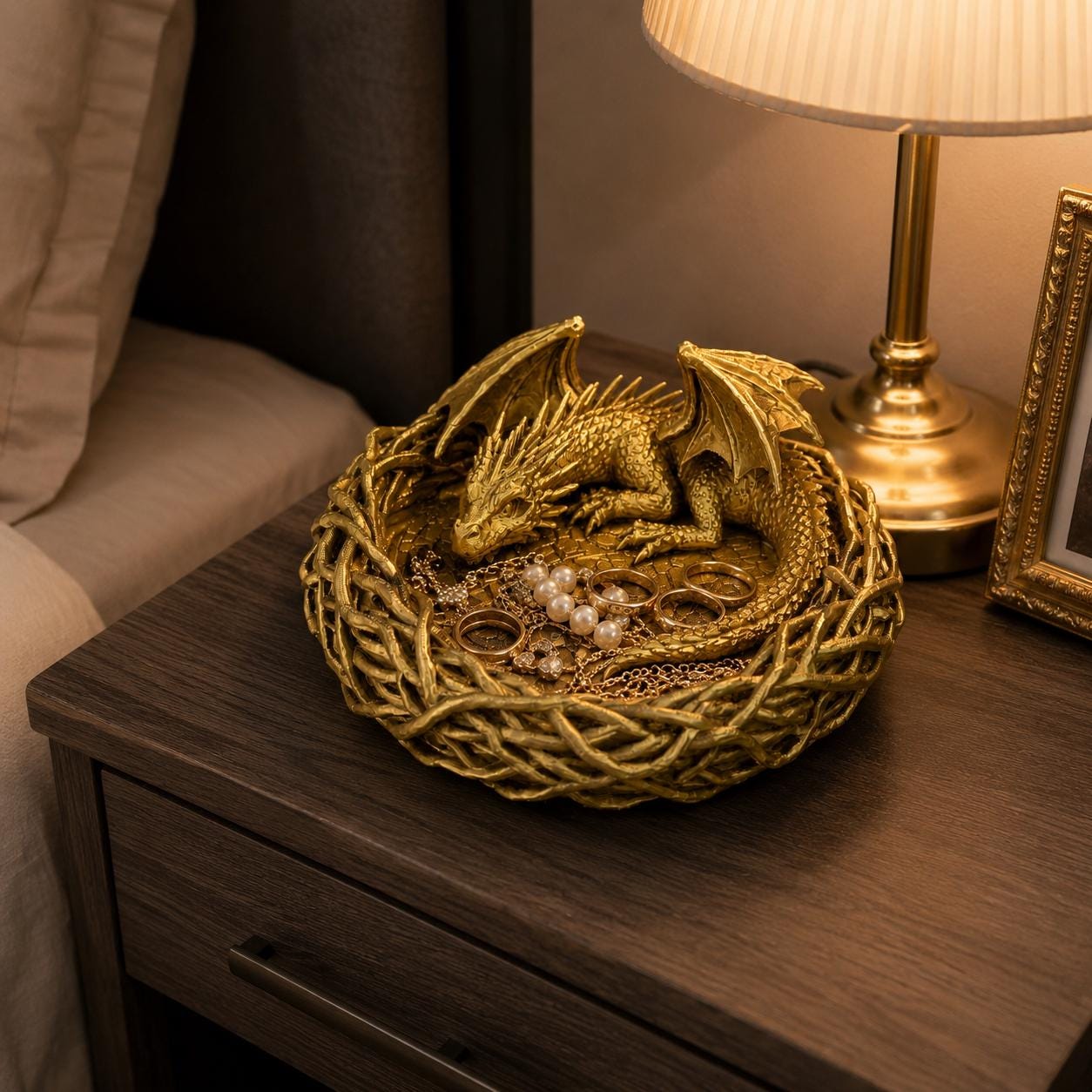 Sleeping Baby Dragon Nest Trinket Dish, Dragon Jewelry Holder, Fantasy Ring Tray, Dragon Coin Bowl, Gothic Decor, 3D Printed Gift