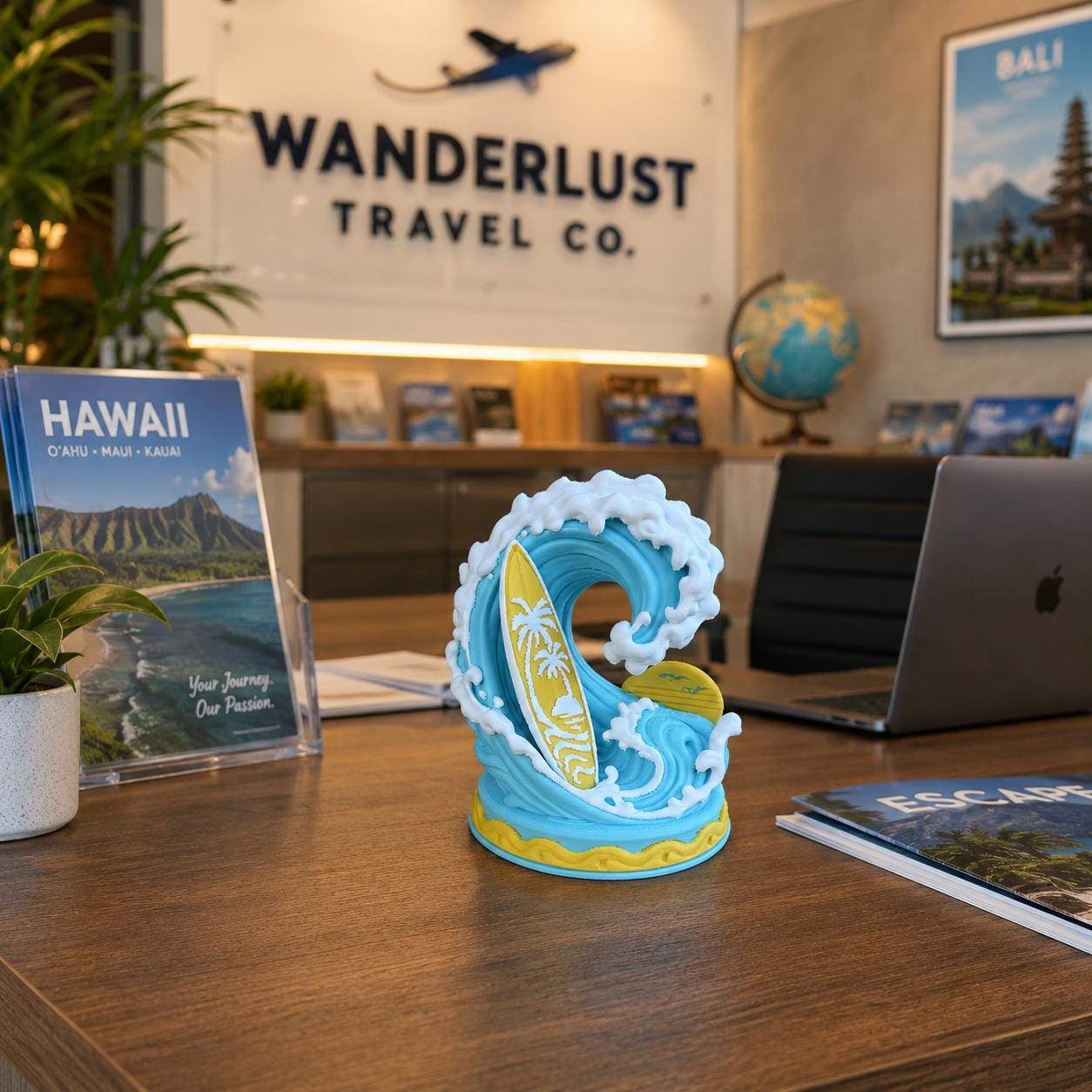 3d Printed Surfing Wave Decor with Surfboard, Coastal Beach Shelf Art, Ocean Lover Gift, Hawaiian Home Decor, Surfer Desk Decoration