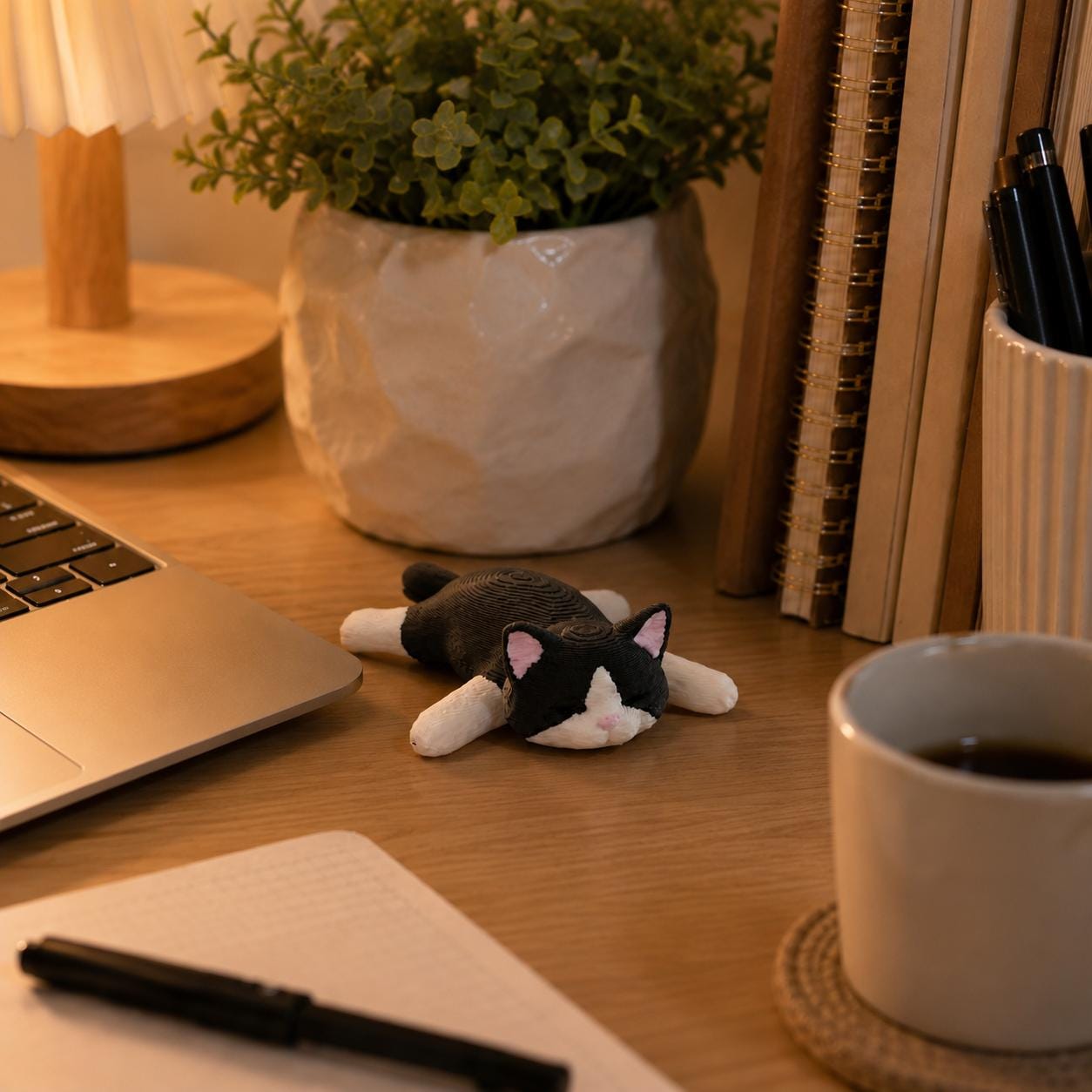 Sleeping Tuxedo Cat Figurine – Cozy 3D Printed Desk Pet, Shelf Decor