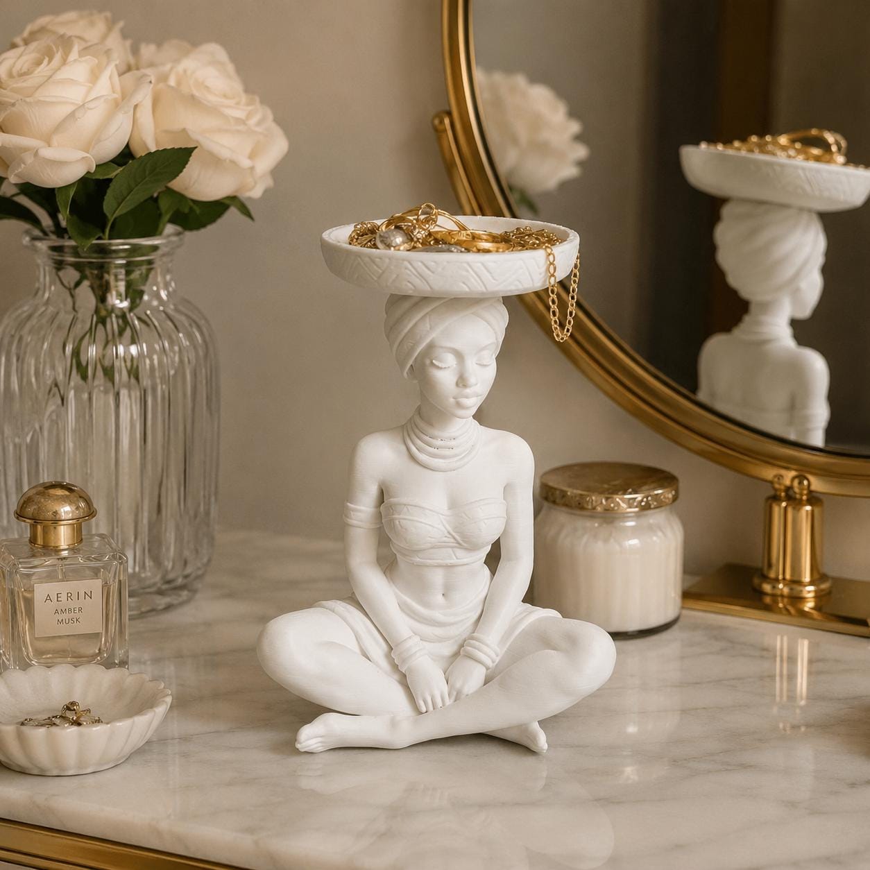 Jewelry Holder Statue, 3d Printed African Woman Decor, Ring Organizer, Vanity Tray, Jewelry Dish, Bedroom Shelf Decor, Gift for Women