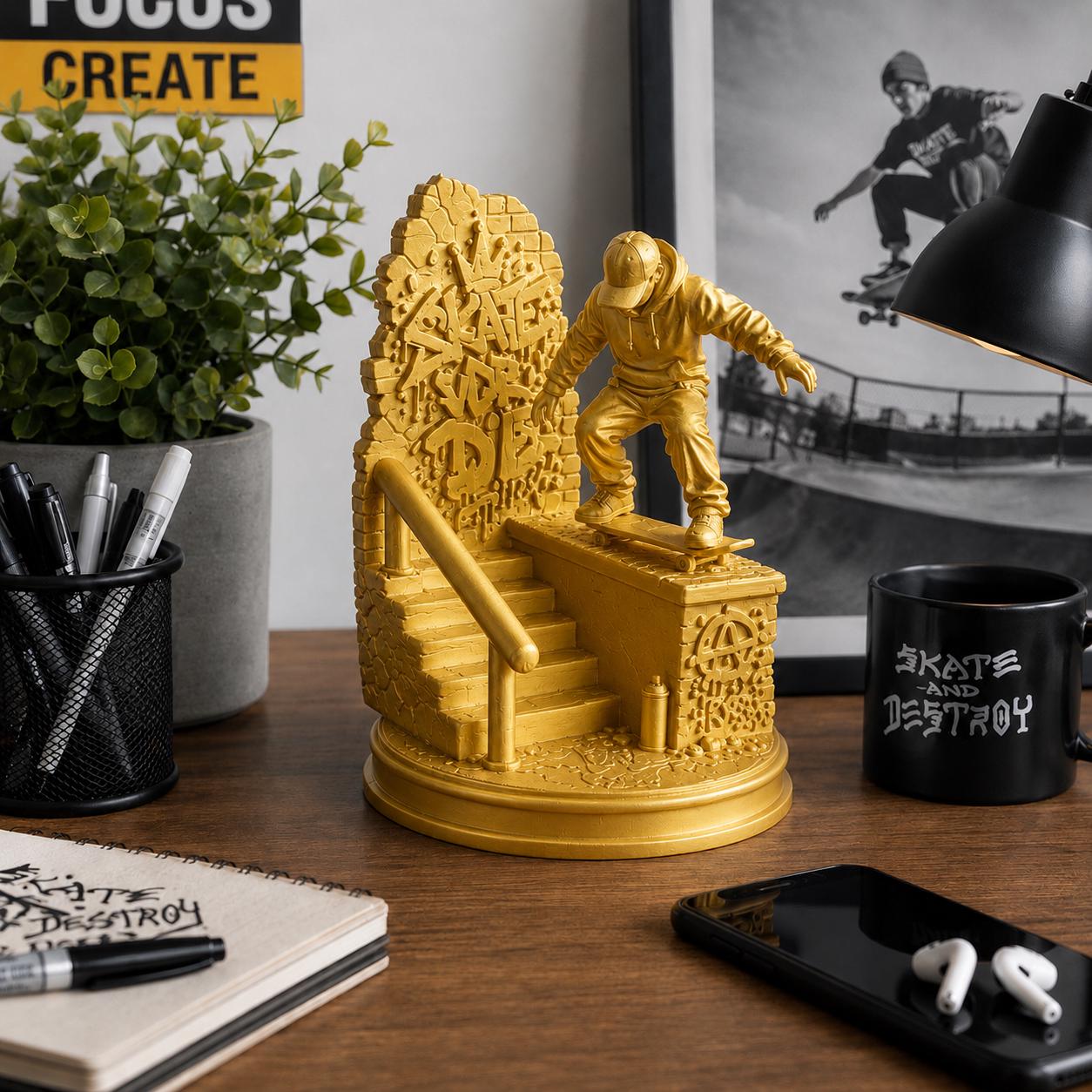 Skateboarder Figurine, Skateboard Decor, Skater Gift, Skateboarding Statue, Skate Park Desk Decor, Skater Room Decor, Skateboard Gift