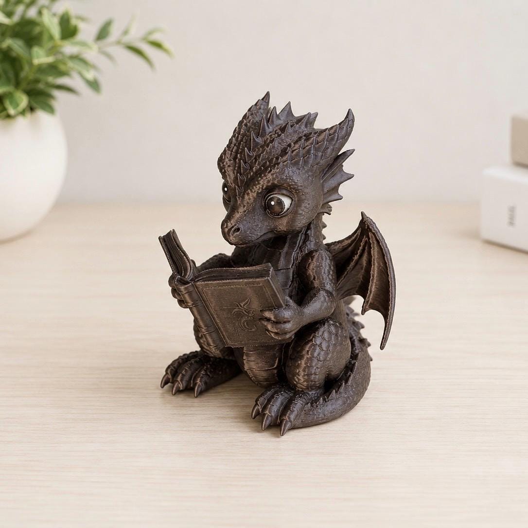 Cute Reading Dragon Figurine, Book Lover Dragon Decor, Fantasy Bookshelf Decor, Dragon Reading Book Statue, Gift for Book Lovers