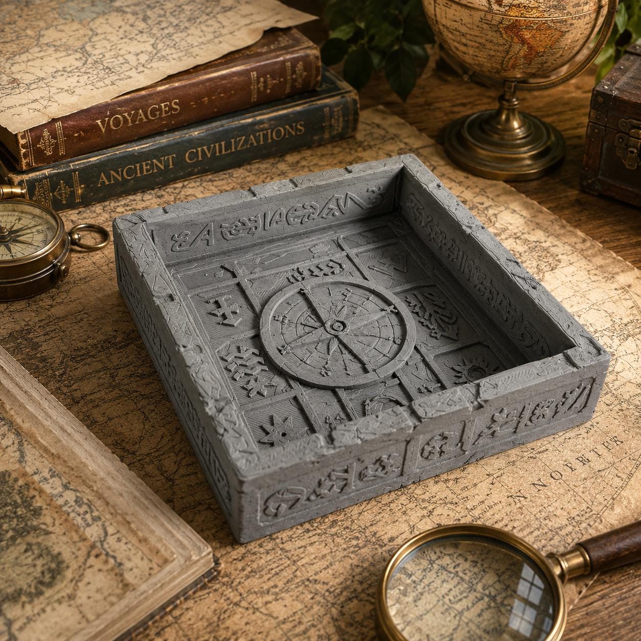 3D Printed Stone Texture Catchall Tray, Explorer Compass Desk Organizer