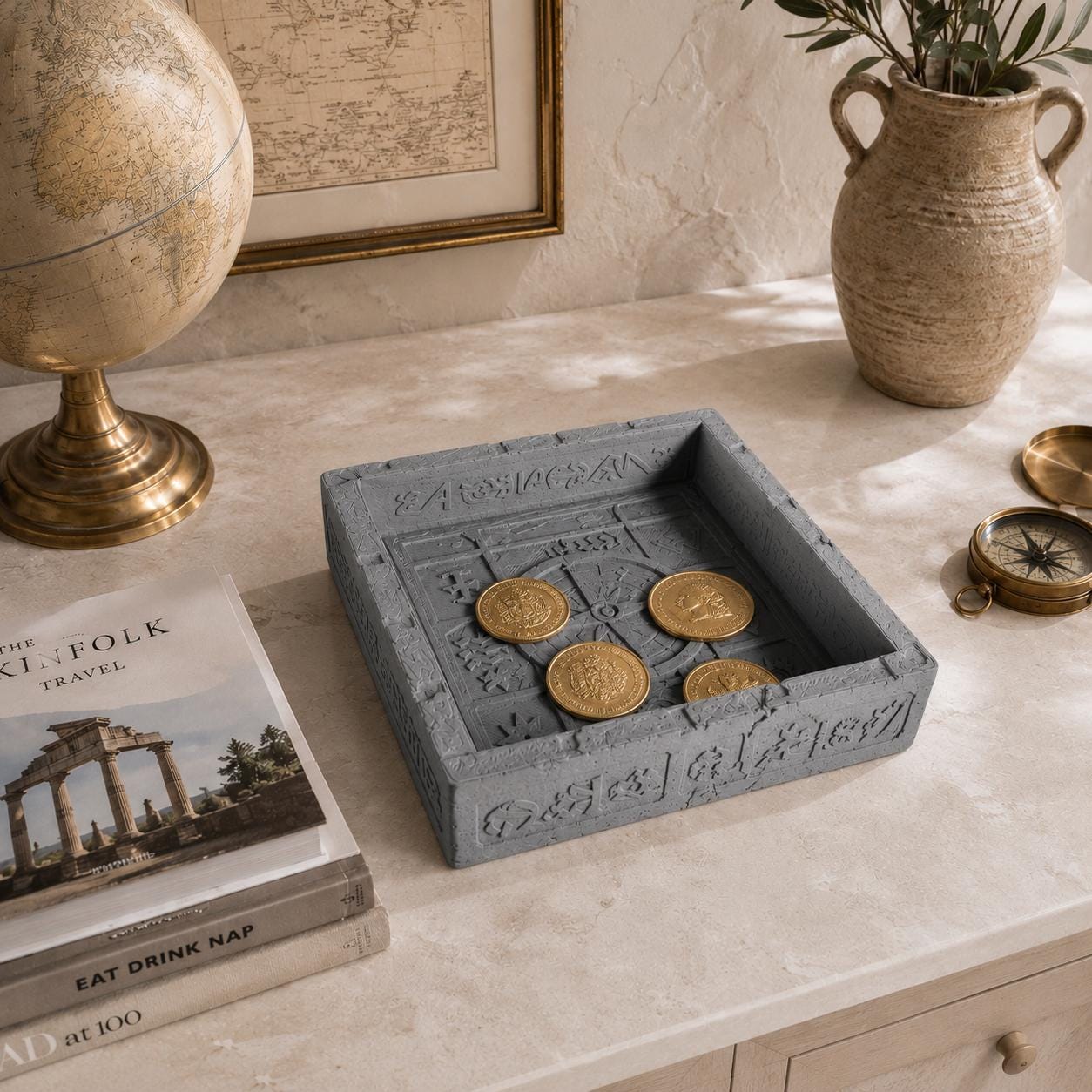 3D Printed Stone Texture Catchall Tray, Explorer Compass Desk Organizer