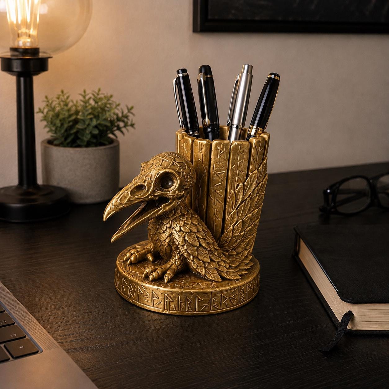 Raven Skull Pen Holder, Gothic Desk Organizer, Viking Rune Pencil Cup, Crow Skeleton Office Decor