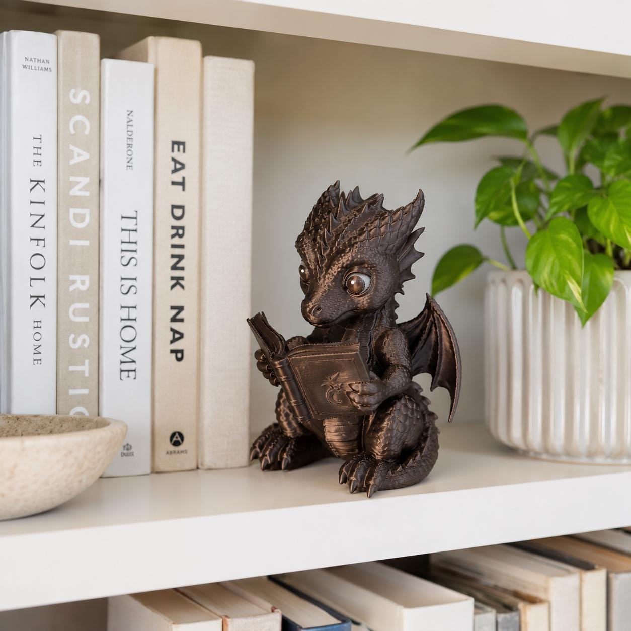 Cute Reading Dragon Figurine, Book Lover Dragon Decor, Fantasy Bookshelf Decor, Dragon Reading Book Statue, Gift for Book Lovers