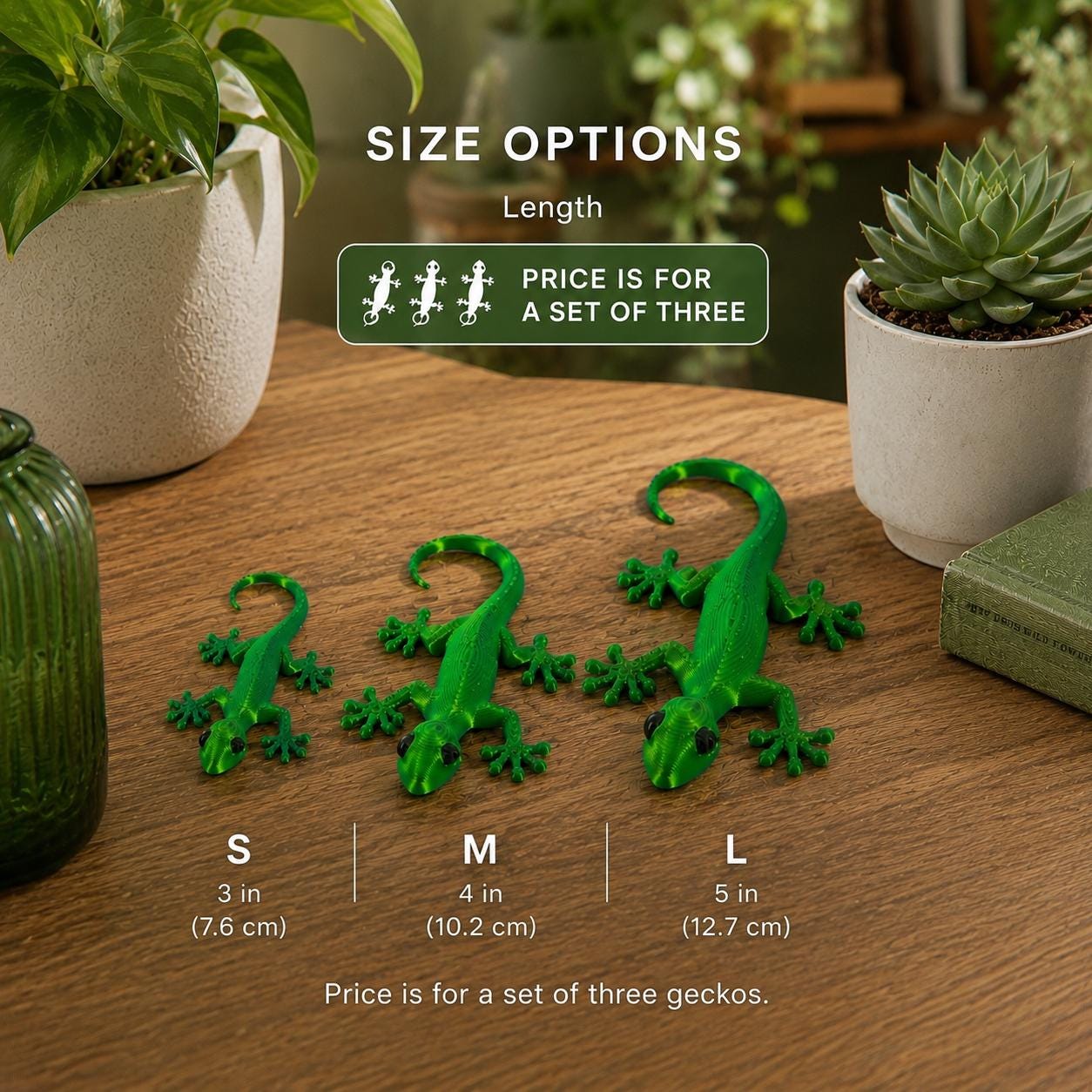 Gecko Wall Decor Set of 3, 3D Printed Lizard Wall Art, Tropical Gecko Decor, Green Reptile Wall Hanging, Nature Inspired Home Decor