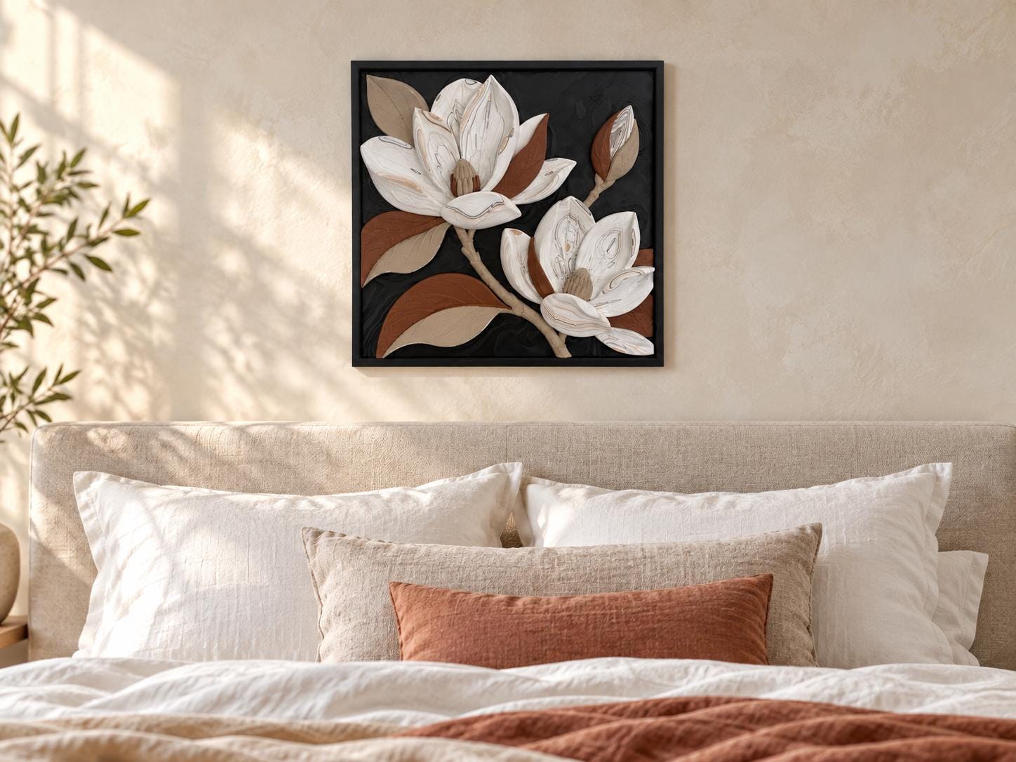3D Printed Magnolia Wall Art, Framed Floral Relief, Textured Botanical Wall Decor, 15.75 x 15.75 in
