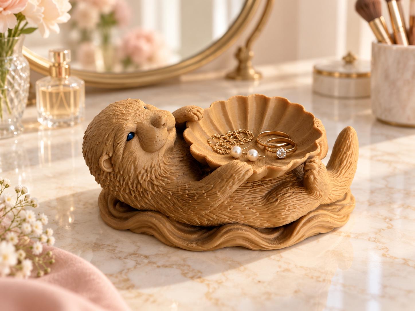Otter Jewelry Tray with Shell Bowl, Cute 3d Printed Ring Dish, Entryway Key Holder, Coastal Decor, Otter Lover Gift