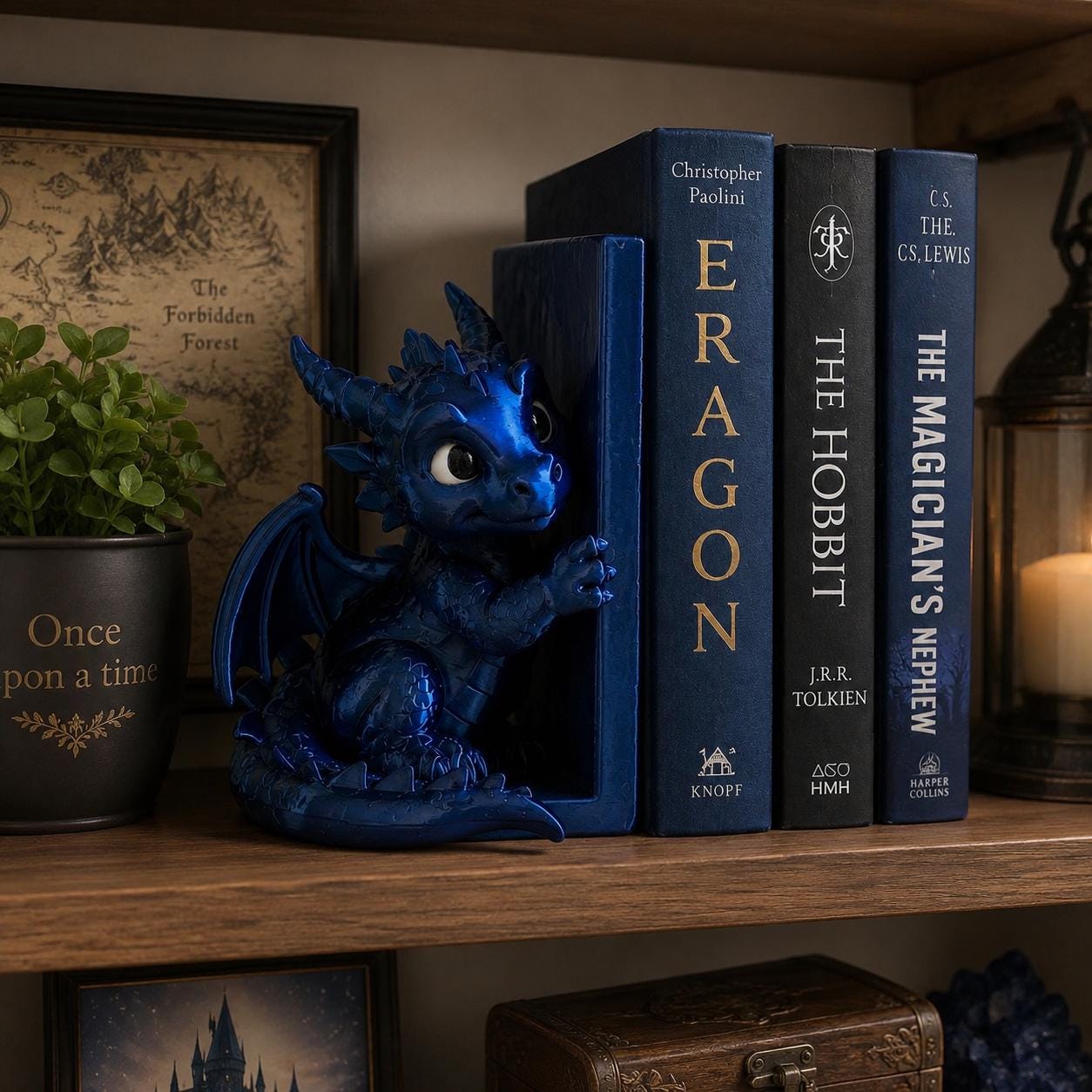 Dragon Bookend – Cute Navy Blue 3D Printed Fantasy Bookshelf Decor, Dragon Book Holder, Gothic Desk Shelf Organizer, Fantasy Gift