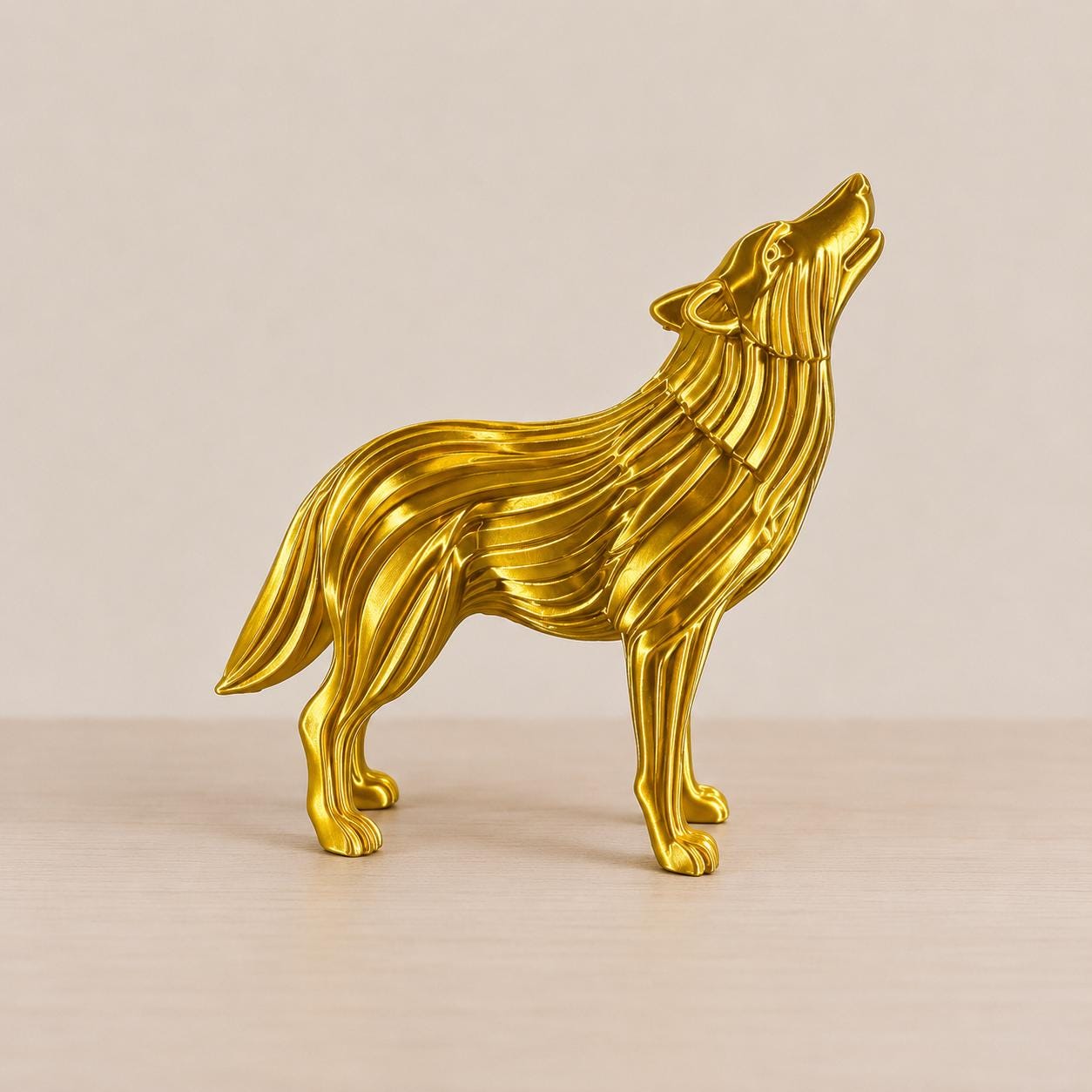 Howling Wolf Figurine, Metallic Gold 3D Printed Sculpture, Modern Wildlife Decor