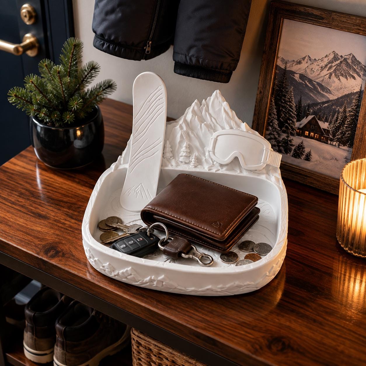 Ski Mountain Catchall Tray, 3D Printed Valet Organizer, Snowboard Decor, Entryway Key Tray