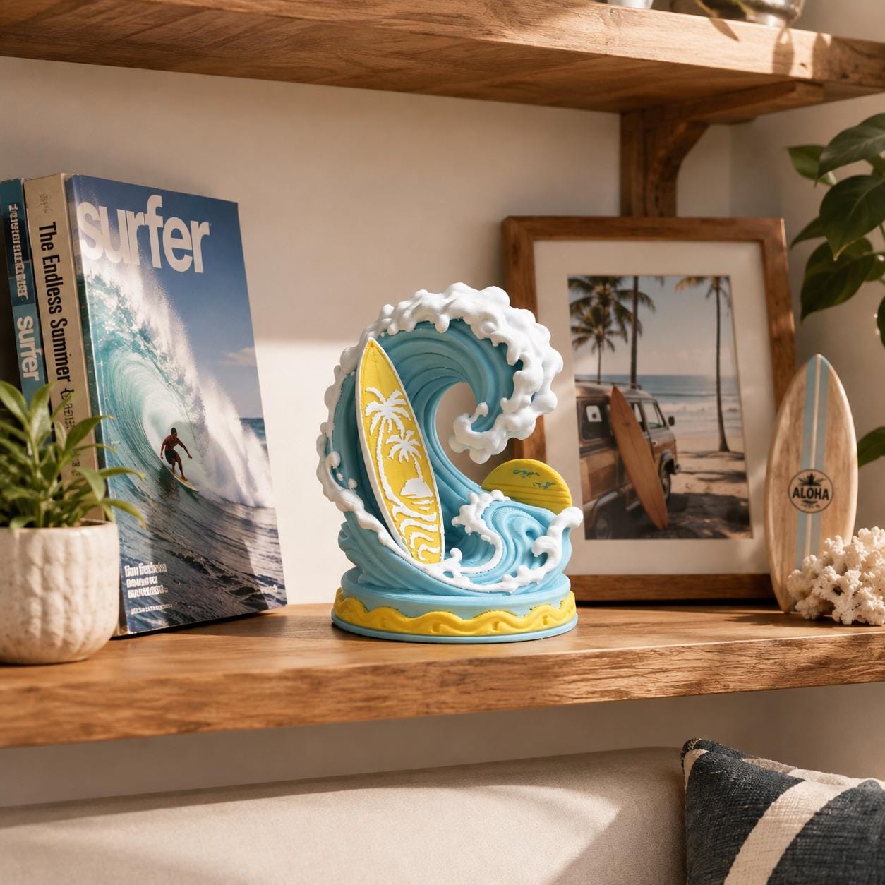3d Printed Surfing Wave Decor with Surfboard, Coastal Beach Shelf Art, Ocean Lover Gift, Hawaiian Home Decor, Surfer Desk Decoration
