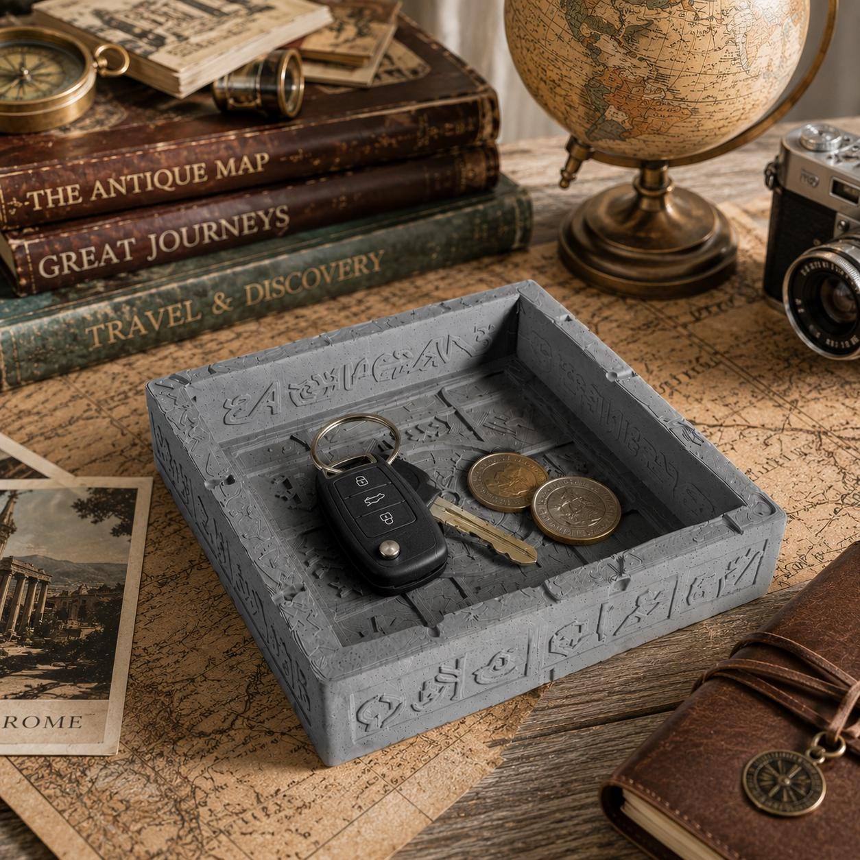3D Printed Stone Texture Catchall Tray, Explorer Compass Desk Organizer