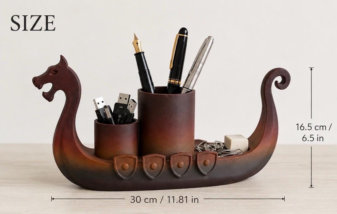 Viking Ship Desk Organizer, Norse Mythology Dragon Boat Pen Holder, 3D Printed Accessory