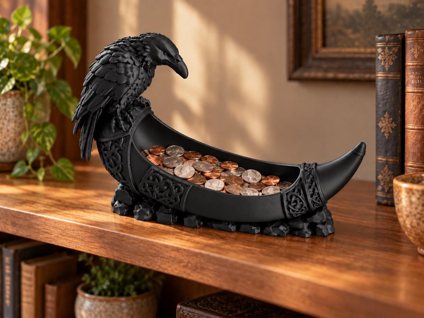 Raven Viking Horn Catchall Tray, 3d Printed Norse Decor, Key and Coin Holder, Gothic Desk Organizer