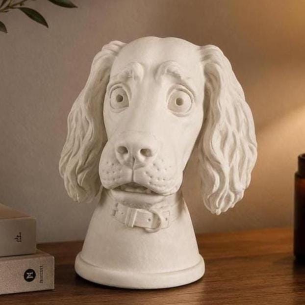 3D Printed Spaniel Dog Bust Sculpture, Expressive Eyes, Playful Character Shelf Decor