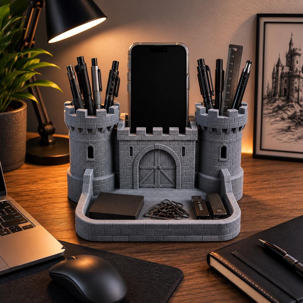 Castle Desk Organizer, Medieval Phone Stand, Pen Holder, Key Tray, Fantasy Decor