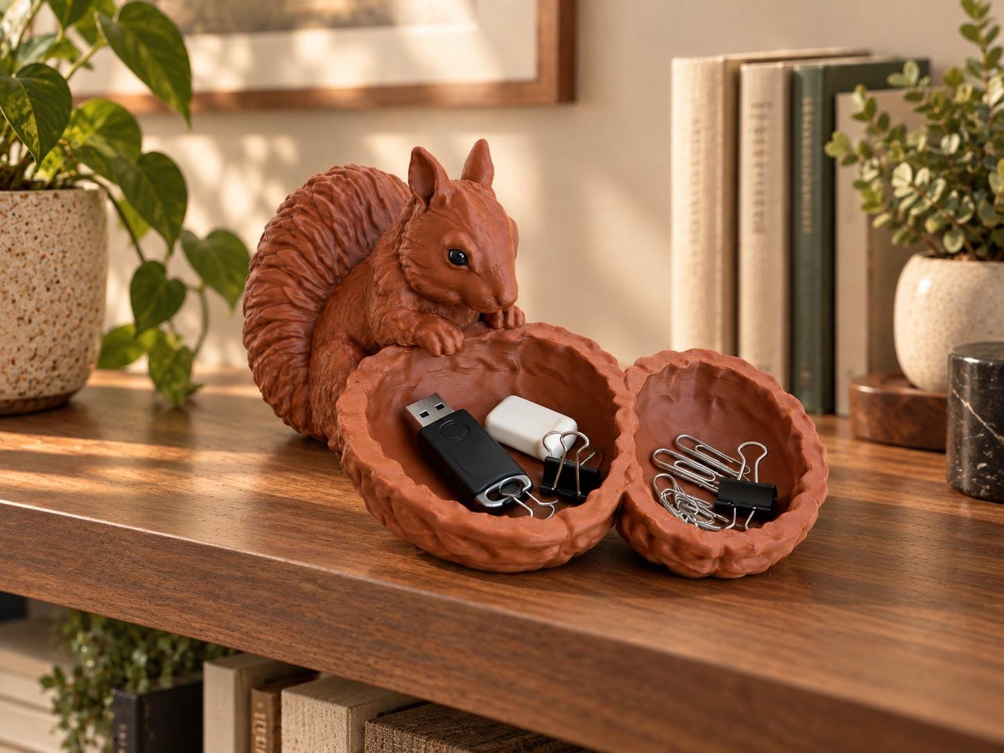 3D Printed Squirrel Jewelry Tray with Walnut Bowls, Woodland Catchall for Keys and Rings, Cottagecore Decor, Squirrel Lover Gift