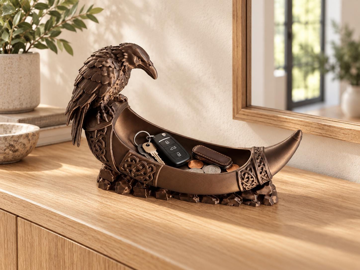 Raven Viking Horn Catchall Tray, 3d Printed Norse Decor, Key and Coin Holder, Gothic Desk Organizer
