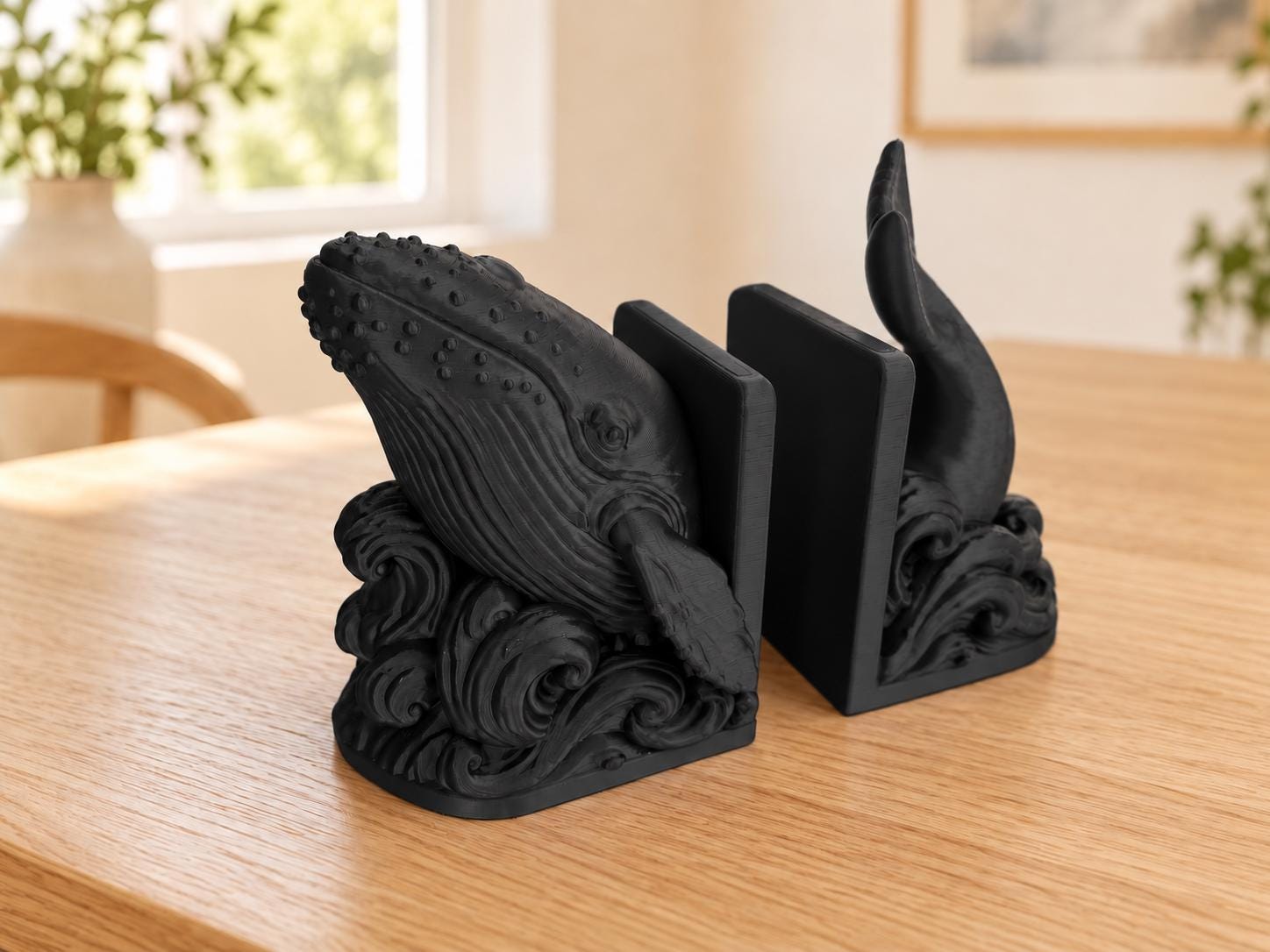 Whale Bookends Set of 2, 3D Printed Ocean Waves Book Holders, Coastal Bookshelf Decor, Gift for Book Lovers