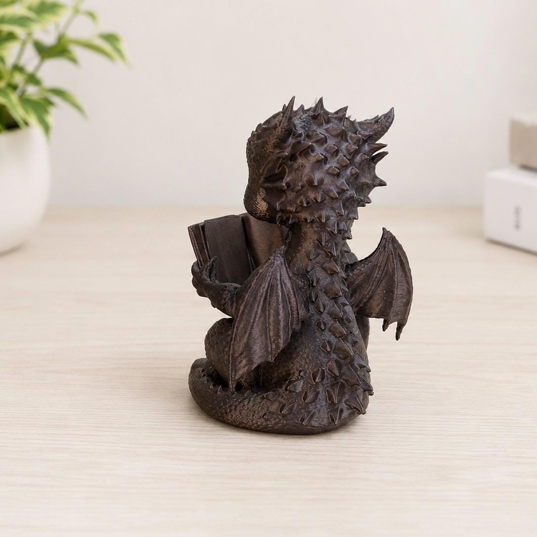 Cute Reading Dragon Figurine, Book Lover Dragon Decor, Fantasy Bookshelf Decor, Dragon Reading Book Statue, Gift for Book Lovers