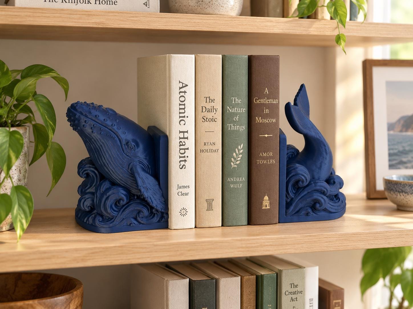 Whale Bookends Set of 2, 3D Printed Ocean Waves Book Holders, Coastal Bookshelf Decor, Gift for Book Lovers