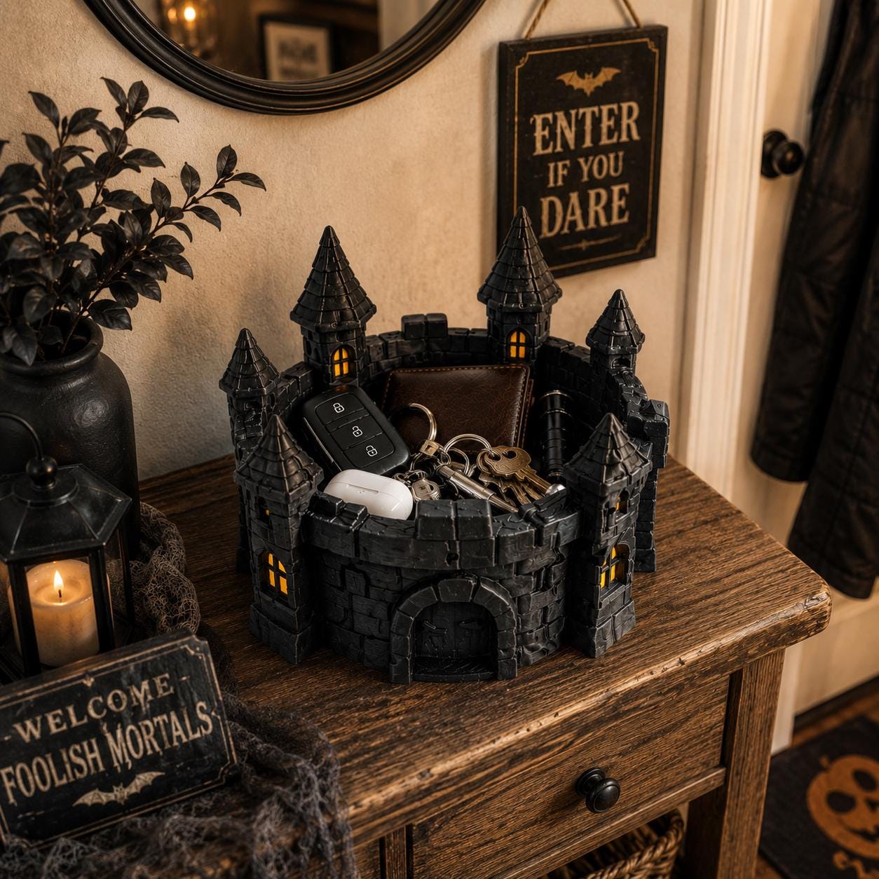 3D Printed Gothic Castle Catch-All Tray, Halloween Candy Bowl, Spooky Key & Wallet Organizer, Haunted Castle Desk Decor, Halloween Decor