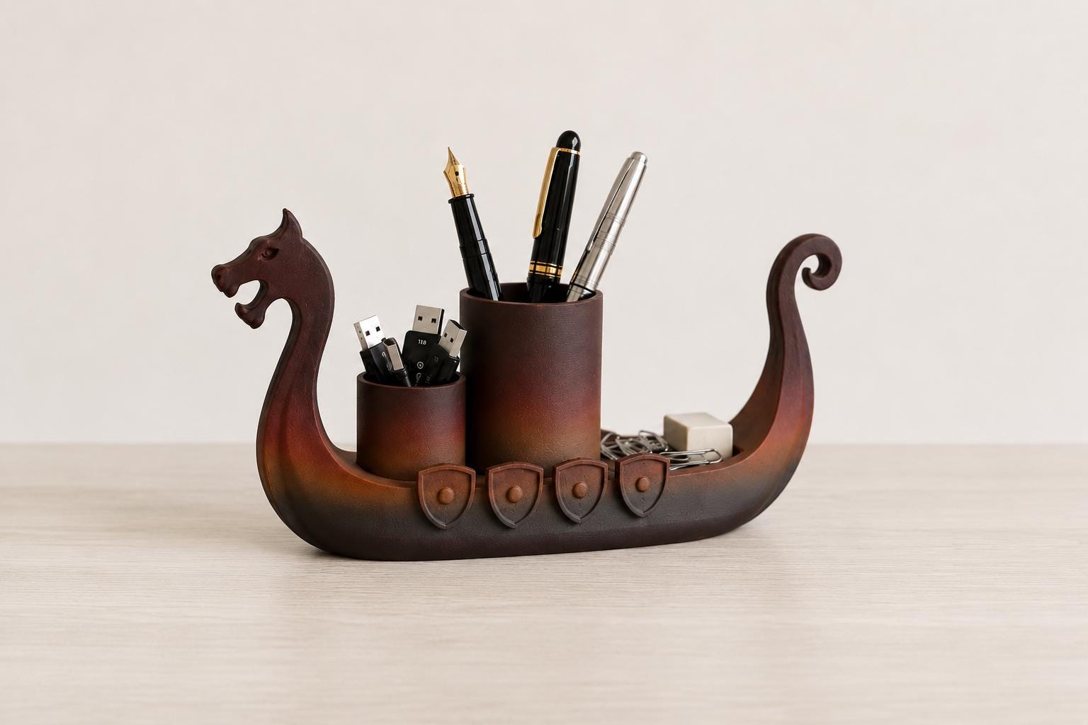 Viking Ship Desk Organizer, Norse Mythology Dragon Boat Pen Holder, 3D Printed Accessory